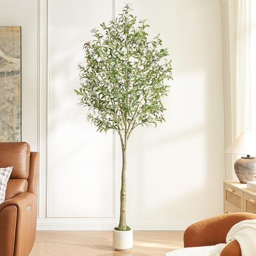 8FT Artificial Olive Tree Indoor with Pot – Realistic Wood Trunk & Fruits, Extra Large Faux Plant for Home Office Décor, Tall Fake Olive Tree 8-Foot with Moss White Planter