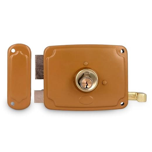 Amig - Cerradura De Sobreponer De Izquierda Con Palanca De Cierre, Lengüeta Y Tirador Para Puertas De Madera Mod. 72U | 120 X 95 Mm | Pestillo Con Cilindro Redondo | Acero Dorado