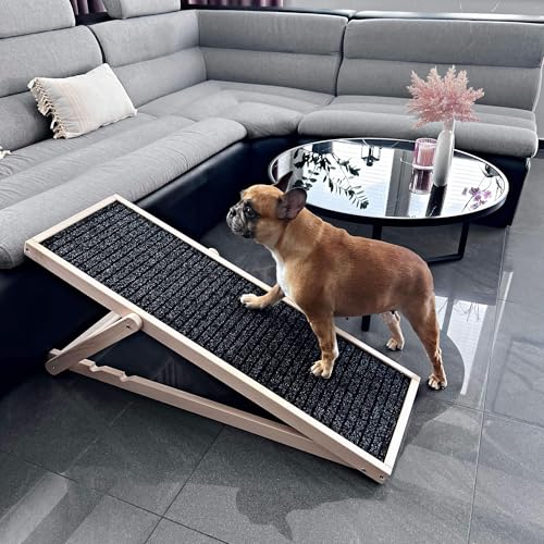 Muntel Hunderampe, Hundetreppe aus Holz, verstellbar, Hunderampe für kleine Hunde, Rampe für Hunde,Hunde Treppen,Höhenverstellbar, Schwarz/Holz, bis 40 kg belastbar.