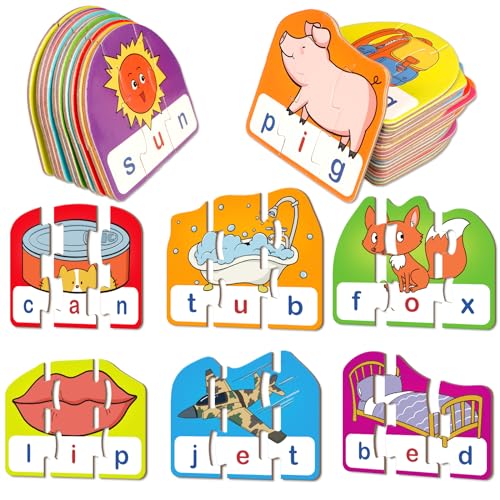 Kasfalci CVC Puzzle Cards for Kids - CVC Word & Phonics Games, Speech Therapy Toys for Toddlers - 3 Alphabet Letter Word Puzzles, Learning Spelling Games - Preschool Kindergarten Classroom Must Haves
