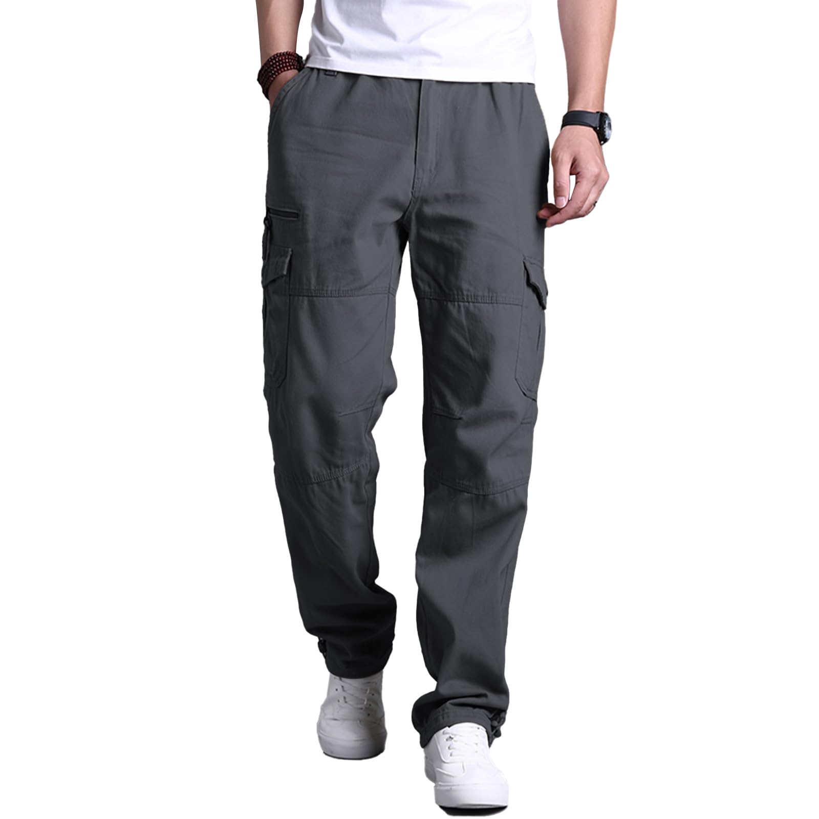 Cargohose Herren aus Baumwolle Cargo Hose mit 7 Taschen Elastische Taille Freizeithose