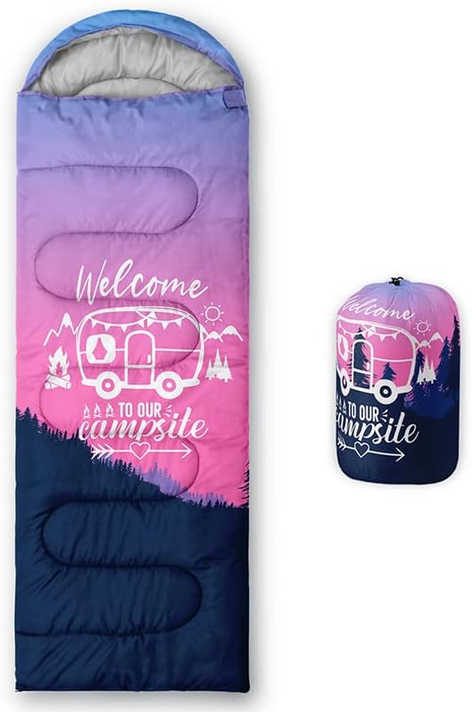 Vista 26 de Saco de dormir para adultos y niños, furgoneta de campamento de montaña verde, ligero, cálido, portátil, para interiores y exteriores, impermeable