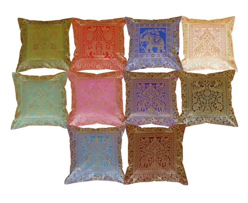 Shubhlaxmifashion ECC10P Indian 10 Pcs 16X16 Inch. (41X41 Cm) Elephant Banarsi Silk Indian Ethnic Bohemian Decorative Cushion Cover Handcrafted Patchwork Sari Throw Pillow Boho Decor Cushion Cover cover