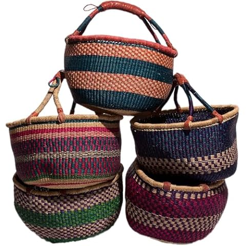 Large Bolga Round Basket with Leather Handle Cover