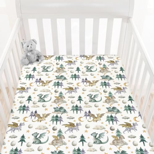 Image of HawSkgFub Watercolor Cute Dragon Fairy Tale Fitted Standard Crib Sheet Baby Boy, Cloud Moon Star Dragons Egg Toddler Mattress Cover, Soft Breathable Stretchy Nursery Bed Sheets Decor Gift 52" x 28"