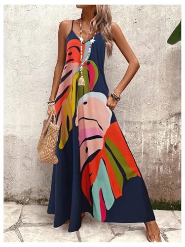 Image of GORGLITTER Women's Sleeveless V Neck Oversized Maxi Long Dress Boho Bump Friendly Graphic Casual Beach Flowy Sun Dress