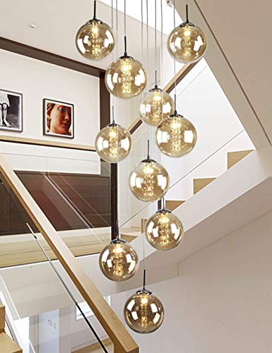 10 Boules De Verre Escalier Lustre Long Pendant Lumière Bâtiment Duplex Grand Lustre Salon Villa Creux Moderne Escalier Minimaliste Lampe 40x200 cm (Couleur : Champagne)