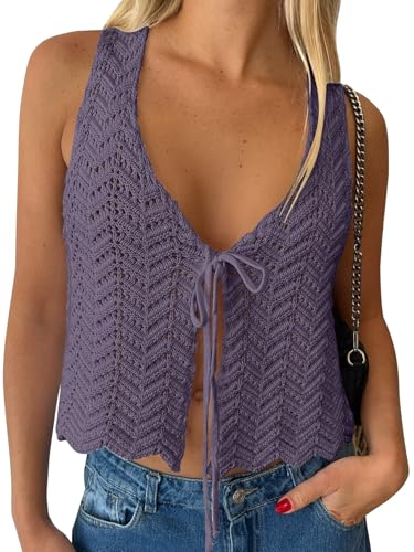 Image of LILLUSORY Crochet Tops for Women Summer Vacation Outfits Beach Coverup Going Out Tie Front Spring Sweater Vest 2026 Fashion