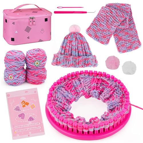 PREBOX Knitting Loom Craft Kit for Kids & Beginners - Create Hat & Scraf with Yarn, Hook Needle, Ideal Birthday Christmas Gifts for Teens Girls Age 6-8 8-12 14+, Rose Loom