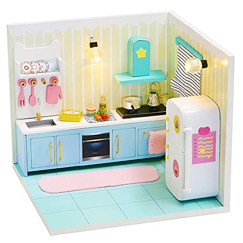 Dollhouse Miniature with Furniture,DIY 3D Wooden Doll House Kit A corner of a Small Apartment Style Plus with Dust Cover and LED,1:24 Scale Creative Room Idea Best Gift for Children Friend Lover S2007