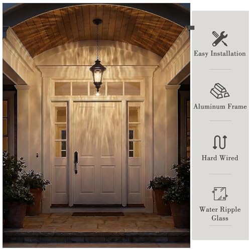 Image of Emliviar 21.3 inch Modern Hanging Porch Light with Adjustable Chain, Water Ripple Glass Outside Hanging Lighting in Oil Rubbed Bronze Finish, XE265H-M ORB-SW