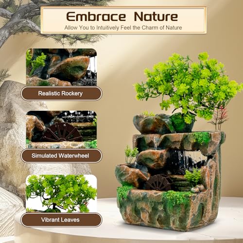 Zimmerbrunnen mit LED Beleuchtung, Grüne Pflanze Brunnen Springbrunnen Gartenbrunnen Deko Tischbrunnen mit Wasserfall, 18 * 15 * 30cm
