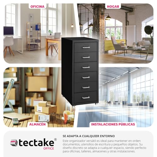 tectake® Cajonera con Ruedas de Metal, 6 Cajones para Almacenamiento, Oficina y Despacho, Cajonera Escritorio, Cajoneras, Armario Interior, Armario Bajo - Negro - imagen 7
