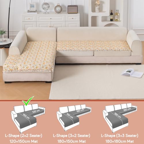 Image of HOKIPO Sunlit Butterfly L Shape (2+2 Seater) Sofa Seat Mat with Tassel| Quilted Sofa Cover Mat, 'Tassel Twigs' Series (IN-983-T3 + IN-984-T3)