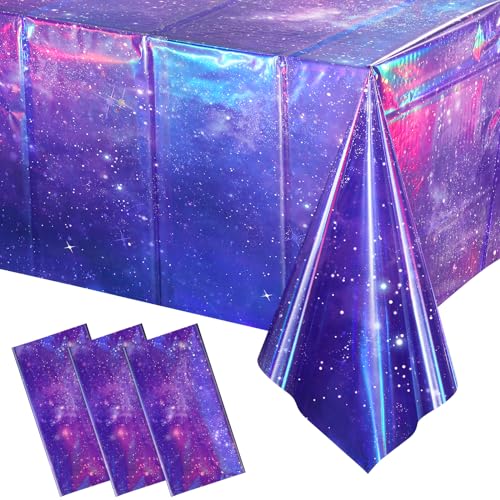 Image of 3Pcs Iridescent Space Tablecloths, Disposable Plastic Purple Galaxy Table Cloth Rectangle Table Covers for Space Starry Night Star Theme Party Birthday Party Decorations, 54x108 Inch