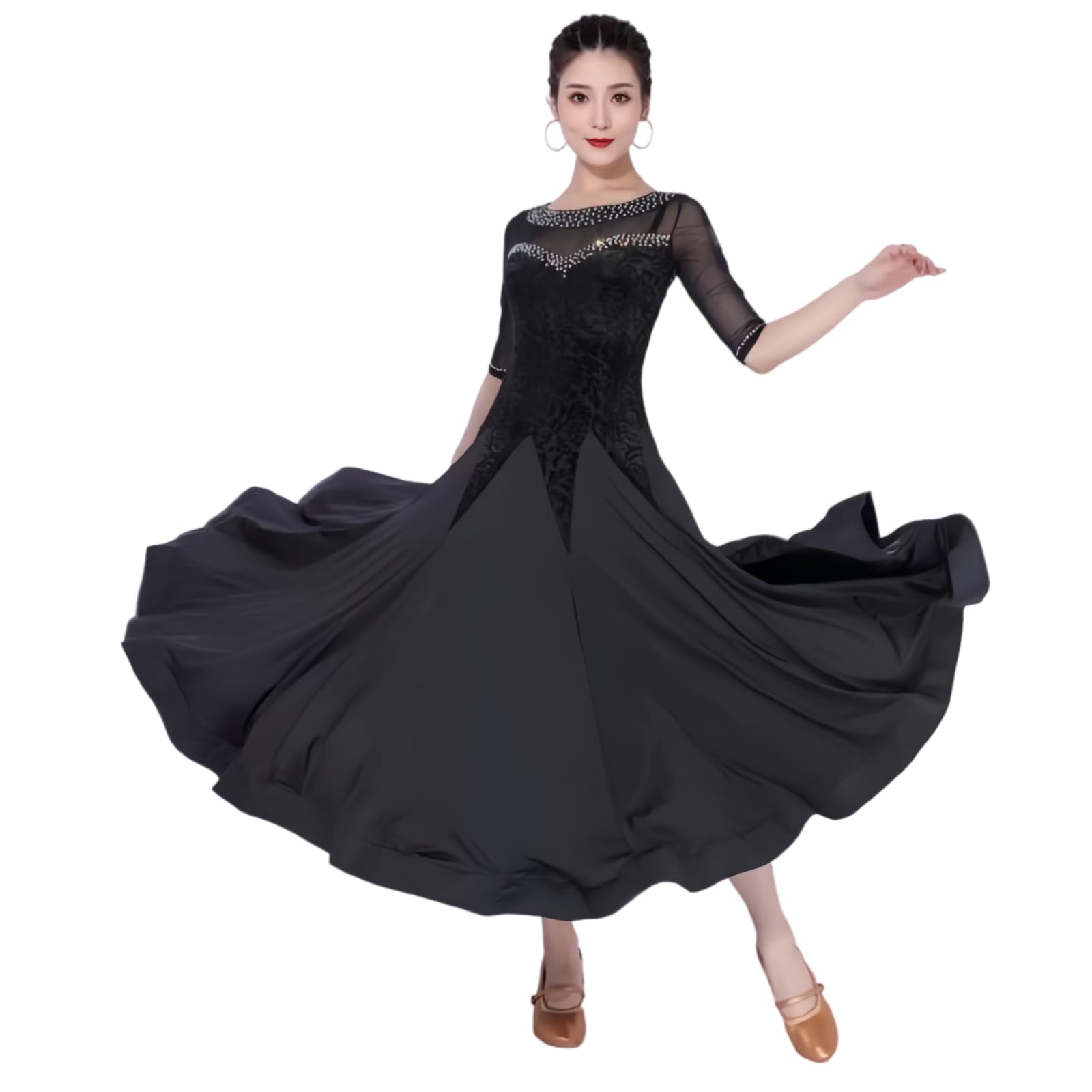 Damen Standard Ballroom Tanzkleid, Elegantes Walzer Turnierkleid Modisches Tanzkleid Mit Halbärmeln Und Strasssteinen Tanzkostüm Mit Weitem Schwingendem Rock Für Aufführung