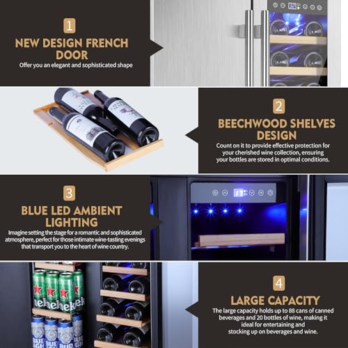 Image of ORYMUSE Wine and Beverage Refrigerator Dual Zone, 24 inch Undercounter Beverage Fridge for Soda, Water and Beer, Built-in /Freestanding, Holds 20 Bottles & 88 Cans, Stainless Steel