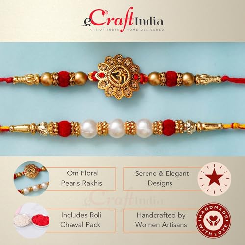 Image of eCraftIndia Set of 2 Peach, Green & Golden Pearls, Designer Rakhis | Roli Chawal Pack