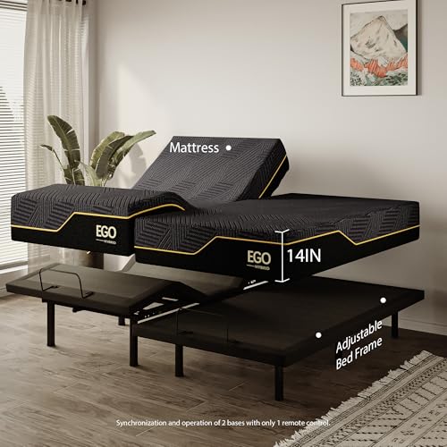 Image of EGOHOME Split King Adjustable Bed Base Frame and 14 inch Memory Foam Mattress