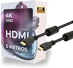 Cabo HDMI 2.0 4K Ultra HD 5 Metros Blindado Alta Velocidade Comprido Grande Longo Para TV Monitor PS5 Xbox PC Notebook Som Projetor - Imagem Nítida - 5m Golden Ouro Com Filtro