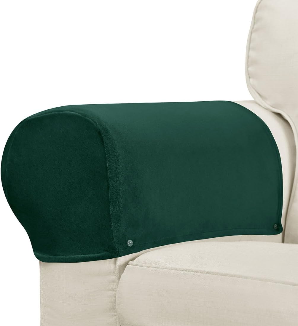 Velvet Armrest Covers for Chairs and Sofas Soft Stretch Couch Arm Cover Set of 2 Non Slip Sofa Armrest Slipcover Furniture Protector for Sofa, Couch, Armchair, Recliner, Green