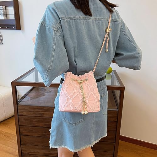 Image of Denim Bucket Bag Quilted Drawstring Jean Purses for Women Denim Clutch Hobo Bags Crossbody Handbag