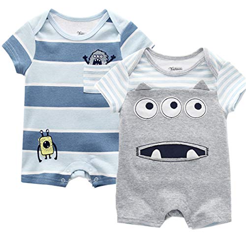 Kiddiezoom Baby Mädchen 2-Pack Snap-up Strampler Cartoon Jungen Kurzarm Jumpsuits Gr. 68, Monster + gestreifter Overall Cover