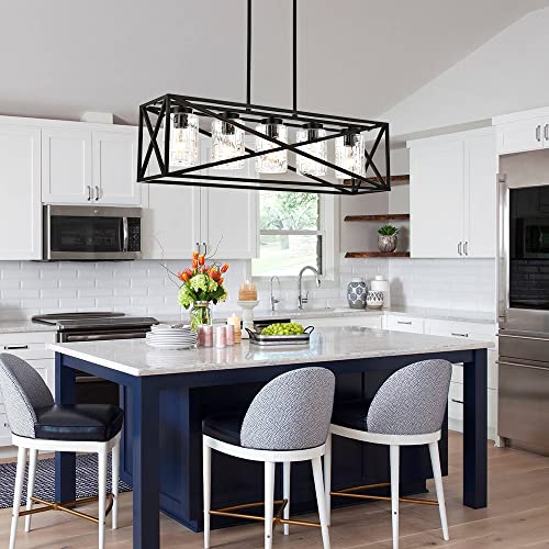Todoluz Farmhouse Dining Room Linear Chandelier With Textured Seedy Glass, 5-Lights Kitchen Island Lighting Fixtures For Living Room #TOP1