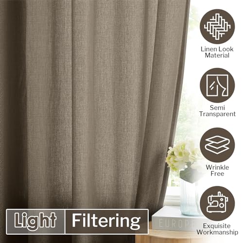 Image of Melodieux Brown Semi Sheer Curtains 84 Inches Long for Living Room Bedroom, Farmhouse Linen Look Shiny Sheer Curtain Drapes Rod Pocket Light Filtering Home Office, 52 inch W x 84 inch L, 2 Panels
