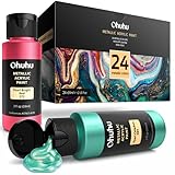 Metallic Acrylic Paint Set, Ohuhu 24 Metallic Colors (59ml, 2oz) Acrylic Painting Bottles, Canvas Wood Ceramic Crafts Art Paints Rock Painting Arts Pouring Paints for Beginners Students Back to School