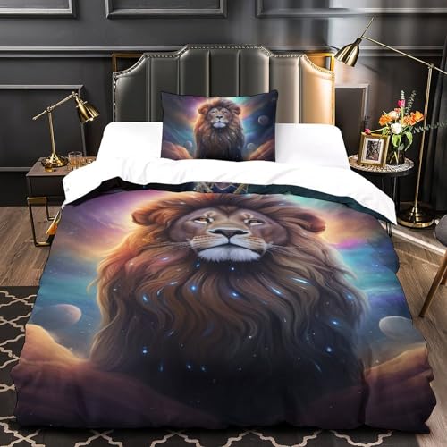Housse de couette lion 3D 135x200 cm avec 2 taies d'oreiller zippées pour lit enfant
