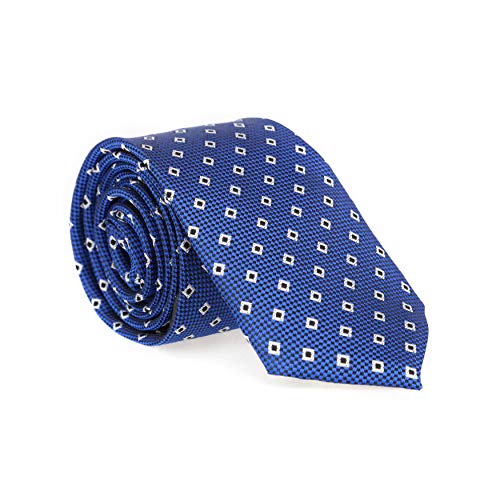 LANSILK Men Business Tie Set - Selección de corbata delgada, gemelos y pañuelo, caja de regalo, 100% seda (Blue Navy Square Geometric Slim Skinny Silk Tie)