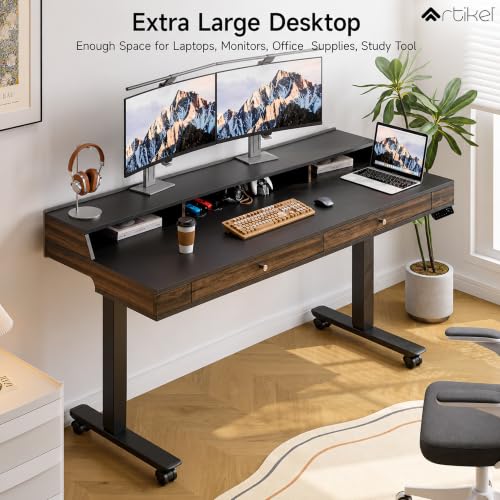 Image of ARTIKEL Valor Pro Electric Height Adjustable Standing Desk with Storage Drawers & Shelves| Sit-Stand Desk for Home Office |Ergonomic Workspace Table (Rustic Brown)