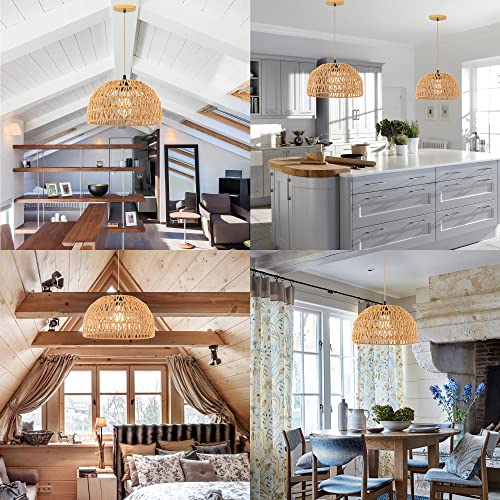 QIYIZM Rattan Pendant Light Fixture Wicker Chandelier for Kitchen Island,Farmhouse,Boho Woven Hanging Ceiling Lights Hand-Worked Bamboo Basket Lamp Shade Hanging Lamp for Living Room,Bedroom12.8 x 8IN - Image 6
