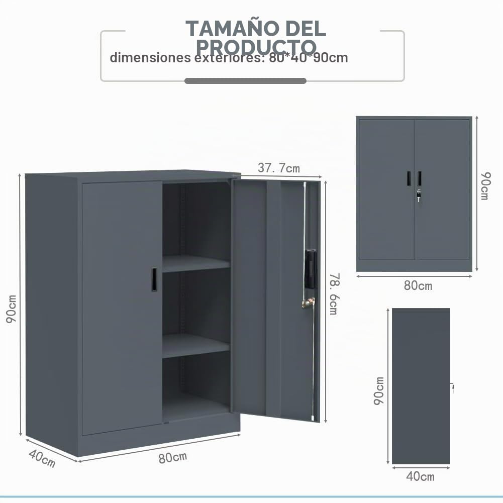 Armario de metal con cerradura y 2 estantes ajustables (90x80x40cm) - Armario de acero para oficina, garaje y hogar | Capacidad de carga de 50 kg por estante (Gris oscuro, 90x80x40cm)