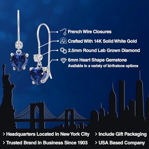 Gem Stone King 14K White Gold Gemstone Birthstone and Lab Grown Diamond French Wire Dangle Earrings for Women | Heart Shape 6MM and Round 2.5MM | Fine Jewelry for Her Mom Women Wife2