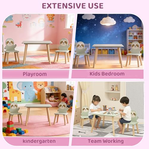 Image of Wood Table & Chairs 3 Pieces Set, Boys Girls Activity Table w / 2 Animal Shaped Chairs, Solid Wood Legs, Safe Rounded Corners, Playroom Furniture for Boys & Girls Activity Dining Drawing Craft.