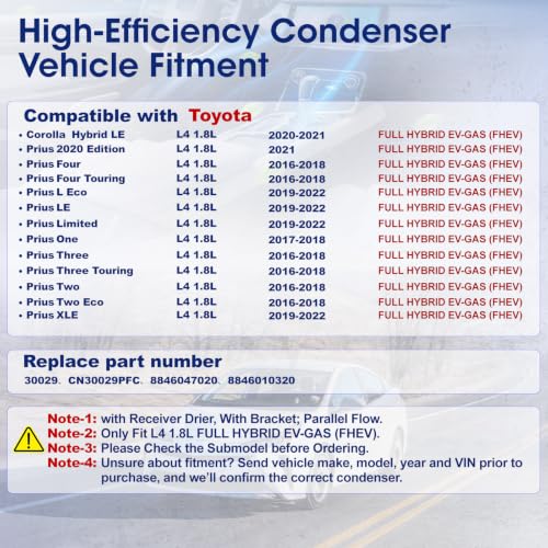 Image of Air Conditioning A /C Condenser Compatible with Toyota Corolla Prius Full Hybrid EV-Gas Models # 30029, CN30029PFC, 8846047020, 8846010320