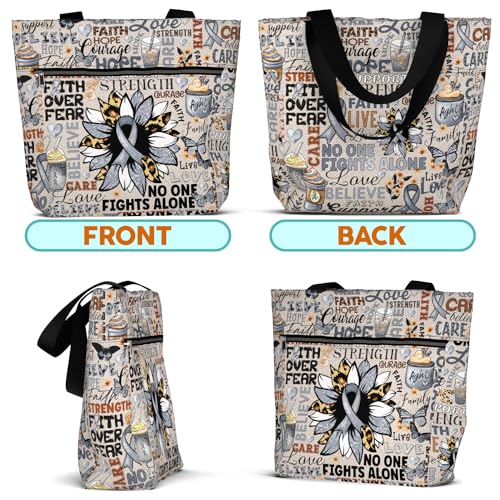 Image of 84hoods Large Waterproof Tote Bag with Pockets and Zipper for Work. Aesthetic Grey Ribbon Support Awareness Gift for Women.