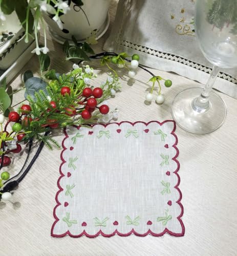 Servilletas de lino natural bordadas en verde, set x6 miniatura 2