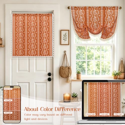 Image of Yinhua Boho Tie Up Curtains for Windows Vintage Linen Valance Light Filtering Floral Valance Rod Pocket Rustic Adjustable Tassel Window Valances for Bathroom, 42 inch W X 45 inch L, Orange