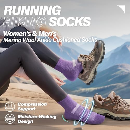 Image of 6 Pairs Merino Wool Ankle Running Hiking Socks Compression Support Breathable Thick Cushion No Show Socks for Women Men