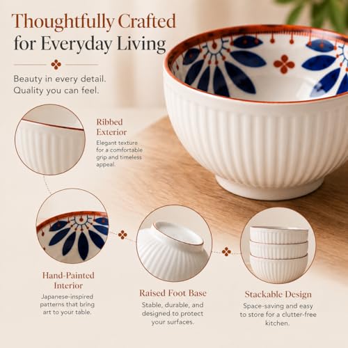 Image of Japanese Ceramic Bowl Set of 6 | 300ML Ribbed Soup & Rice Bowls with Hand-Painted Blue Patterns | Porcelain Bowls for Ramen, Snacks, Desserts & Everyday Dining (Olive & Ocean)
