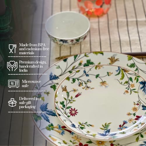 Image of GOLDEN QUEEN'S 18 Piece Dinner Set - Serving 6 | Perfect for Hosting and Daily Meals | Microwave Safe | Includes 6 Dinner Plates, 6 Small Bowls & 6 Side Plates - Summer Florals