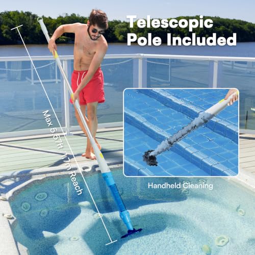 Image of PoolMr Handheld Pool Vacuum for Above Ground Pool & Hot Tub Vacuum, with 2 Brush Heads, 90 Mins Running Time, 13.2 Gallons /Min Powerful Suction, Ideal for Cleaning Debris and Sand Underwater, Cyan