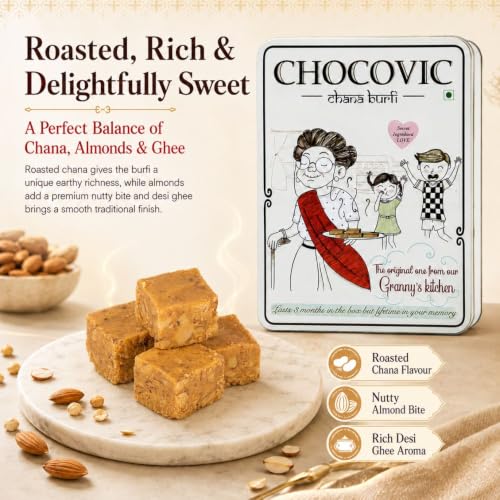Image of Chocovic Roasted Chana Burfi 800 g Tin Box - Authentic Punjabi Sweet, Traditional Indian Mithai Made with Roasted Chana, Fresh & Delicious Dessert with No Added Preservatives