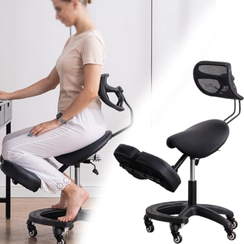 Modern Ergonomic Saddle Seat Kneeling Chair with Backrest, 360 Degrees Swivel Mobile Angled Posture Stool for Office, Black Leather