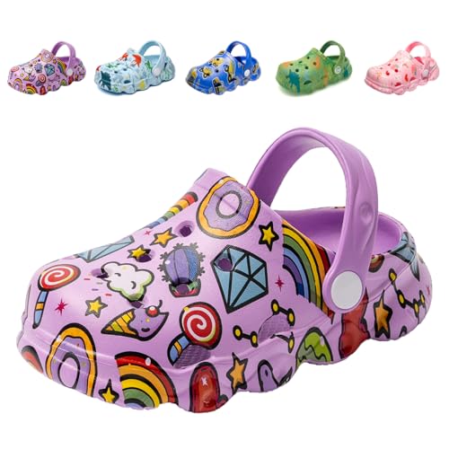 Kinder Clogs Pantoletten Jungen Gartenschuhe Gr.22-30 EU Leicht Atmungsaktiv Dinosaurier Gartenclogs Strand Sandalen Hausschuhe für Mädchen Lila EU 25/26 (Etikettengröße 160mm)