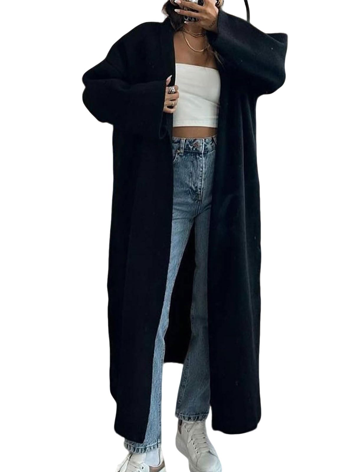 utcoco Womens Oversized Long Open Front Cardigan Solid Color Maxi Knit Sweater Coat Fall Winter