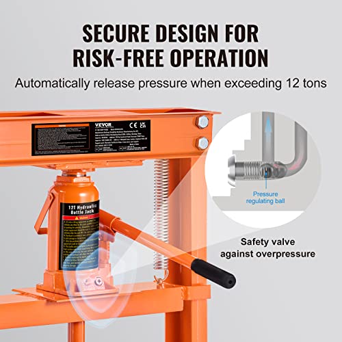 VEVOR Hydraulic Shop Press, 12 Ton/26000lbs, H-Frame, 4-Hold Adjustable Height, with Movable Plates, for Garage or Professional Users, Orange - Image 5